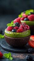 Delicious green smoothie bowl topped with fresh berries and mint on a dark surface photo