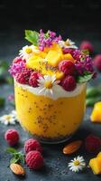Colorful dessert with mango, raspberries, and edible flowers in a glass on a dark background photo