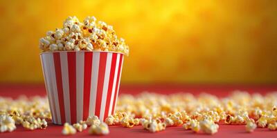 Delicious popcorn in a striped bucket with scattered kernels on a vibrant background photo