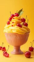 Delicious mango soft serve topped with bright red cherries in a vibrant setting photo