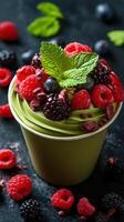 Delicious green tea soft serve topped with fresh berries in a dessert cup on a dark table photo