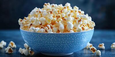 Freshly popped popcorn served in a blue bowl with a playful design and scattered kernels on the surface photo