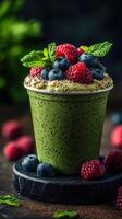 Refreshing green smoothie topped with fresh berries and mint in a cozy setting photo