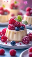 Raspberry panna cotta dessert decorated with fresh berries and mint leaves served on a plate photo