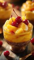 Delicious fruit dessert served in a glass bowl with cherries on top at a cozy dining table photo