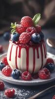 Delicious dessert featuring creamy panna cotta topped with fresh berries and raspberry sauce on a dark background photo