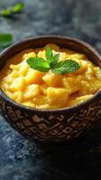 Mango dessert served in a traditional bowl with fresh mint on top photo