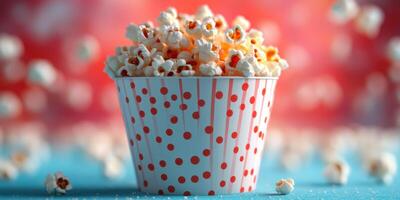 Delicious popcorn in a red and white dotted bucket against a colorful background photo