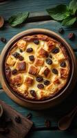 Homemade bread pudding topped with raisins and mint on rustic wooden table photo