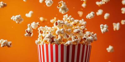 Freshly popped popcorn erupts from a classic striped container against a vibrant orange background photo