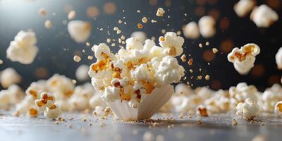 Popcorn bursts into the air, creating a dynamic display during a movie night at home in the evening photo