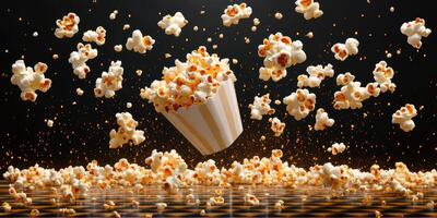 Popcorn bursts into the air from a striped container creating a dynamic, playful display in dark surroundings photo