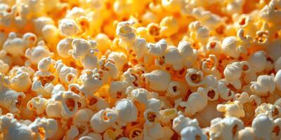 Freshly popped popcorn pouring out in a buttery aroma at the movie theater during a weekend evening with friends photo