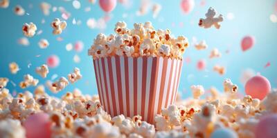 Popcorn overflowing from a striped container with colorful candy scattered around in a bright setting photo