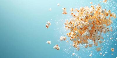 Colorful popcorn kernels burst in mid-air against a blue background, creating a playful and energetic atmosphere in a fun food scene photo