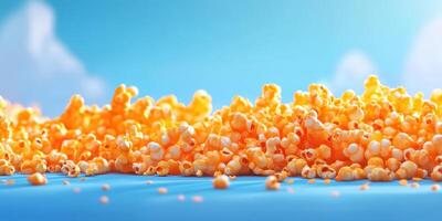 Colorful popcorn scattered on a bright blue surface under a sunny sky photo