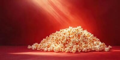 Freshly prepared popcorn stacked high against a bright red background adding warmth and excitement to any movie night experience photo