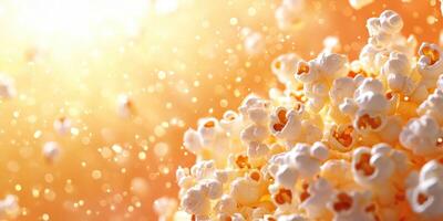 Popcorn bursts with fluffy texture as warm light creates a festive atmosphere at a movie night celebration photo