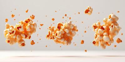 Popcorn kernels bursting into fluffy shapes in a bright, minimal setting photo