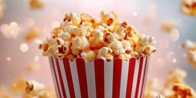 Popcorn fills a classic striped bucket against a sparkly background, perfect for movie nights and celebrations photo