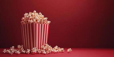 A giant striped popcorn bucket overflowing with popcorn sits against a vibrant red background, inviting snack lovers to enjoy photo