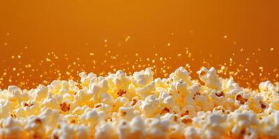 Popcorn kernels bursting into fluffy white clouds against a vibrant orange background in a cinematic setting photo