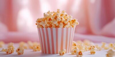 Popcorn in striped cup surrounded by scattered popcorn kernels against a soft pink background photo