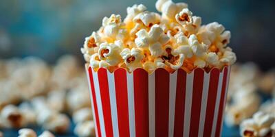 Freshly popped popcorn in a red and white striped container sits among scattered kernels at a movie night photo