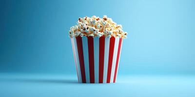 Delicious popcorn in a classic striped container on a light blue background perfect for movie night or snacking photo