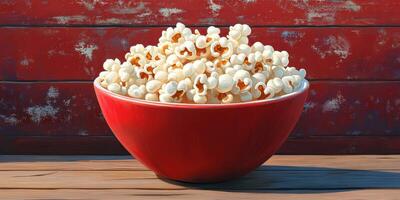 Bowl of fluffy popcorn placed on a wooden table against a rustic red background photo