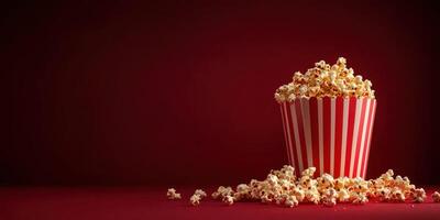 Popcorn spilling from a striped bucket on a red background perfect for a movie night photo