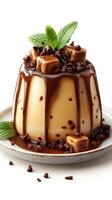 Decadent dessert featuring creamy pudding topped with rich chocolate sauce and crunchy biscuit pieces served on a white plate photo