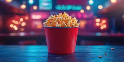 Freshly popped popcorn sits in a red bucket against a colorful, illuminated backdrop in a lively entertainment venue photo