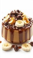 Delicious banana dessert topped with chocolate chips and caramel sauce served in a stylish bowl photo