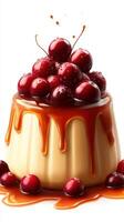 Delicious pudding topped with fresh cherries and caramel sauce on a bright background photo