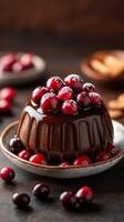 Chocolate dessert topped with fresh cranberries on a rustic wooden table during a cozy evening gathering photo