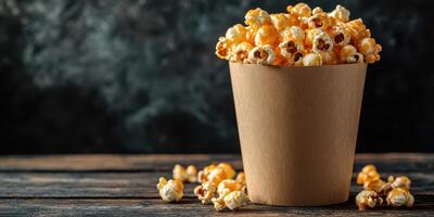 Freshly popped popcorn in a brown paper container on a rustic wooden table with scattered pieces photo