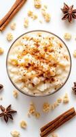 Creamy rice pudding with spices and toppings for a cozy dessert experience photo