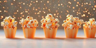 Colorful popcorn cups lined up ready for a fun movie night celebration with a festive backdrop of sparkles photo