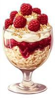 Delicious layered dessert featuring raspberries, cream, and oats served in a glass bowl photo