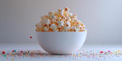 Bowl of colorful popcorn with sprinkles on a plain background ready for a movie night photo