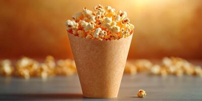 Freshly popped popcorn in a brown paper container with scattered popcorn on a wooden surface evoking a cozy atmosphere photo