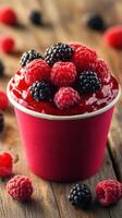 Delicious berry sorbet served in a vibrant cup surrounded by fresh raspberries and blackberries on a wooden surface photo