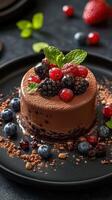 Decadent chocolate mousse cake adorned with fresh berries and mint on a black plate photo