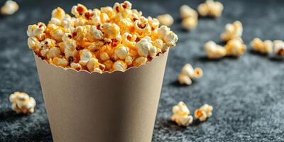 Freshly popped popcorn in a brown paper cup on a dark surface with scattered kernels photo