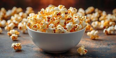 Freshly popped popcorn fills a white bowl with scattered kernels on a textured surface in a warm setting photo