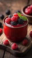 Freshly made raspberry and blackberry dessert served in a red bowl on a rustic wooden table photo