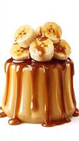 Delicious caramel pudding topped with banana slices in a tempting dessert display photo