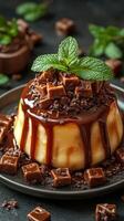 Decadent chocolate dessert topped with mint leaves and crushed cookies on a dark plate photo