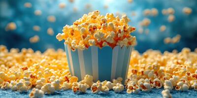 Freshly popped popcorn spilling from a striped container on a soft surface photo